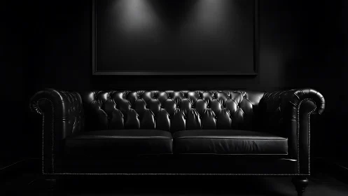 Black leather Chesterfield sofa in dramatic low key lighting.