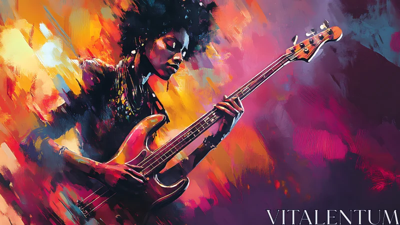 Guitarist holds electric bass amid abstract color fields