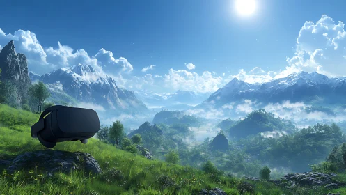 Virtual reality headset over alpine valley under high sun.