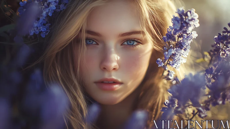 Digital portrait with lilac bokeh and soft natural backlight.