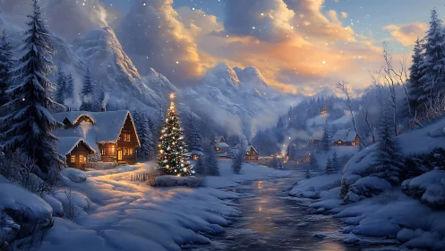 Cozy winter cabins glowing beside a sparkling snowy river.