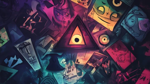 Surreal triangular eye nexus with fragmented neon portraits.