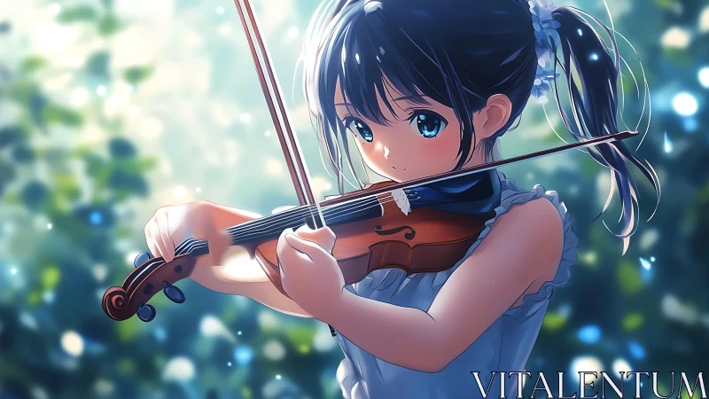 Outdoor anime violinist in bokeh-suffused luminous focus.