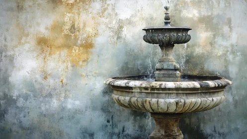 Weathered stone fountain against mottled patina wall.
