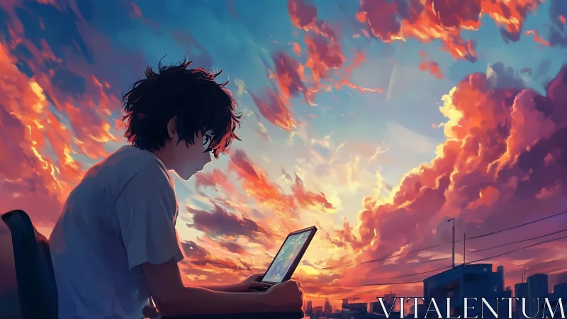 Rooftop dusk dreamer scrolling under painted neon clouds.