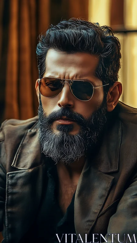 Middle-aged man with beard in leather jacket and sunglasses.