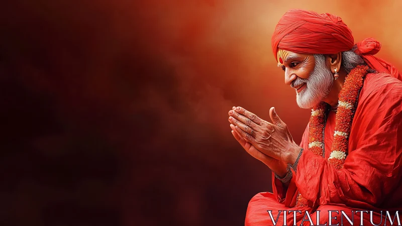 Elderly spiritual man in red robes with folded hands.