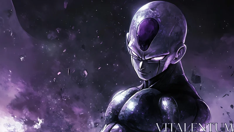 Armored alien warrior stands under fractured cosmic void