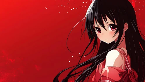 Soft-eyed anime girl in red against a bold crimson sky.