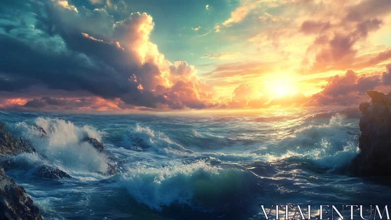 Radiant storm-lit seascape captures dynamic sunset turbulence