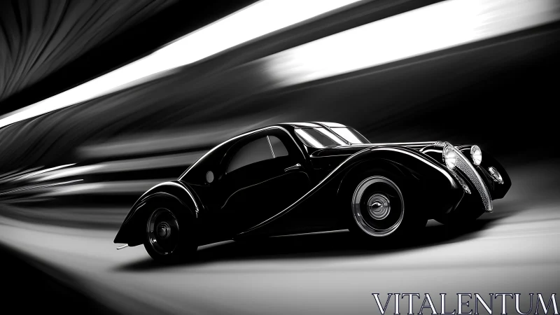 Streamlined vintage coupe racing through motion tunnel.