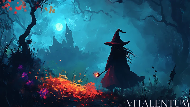 Silhouetted witch approaches moonlit castle through spectral forest