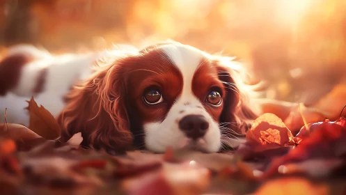 Gentle spaniel rests in glowing autumn afternoon light