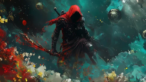 Scarlet hooded reaper strides through cosmic stormfire.