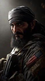 Brooding tactical soldier portrait under dramatic side light.