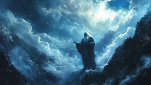 Wise robed figure pauses beneath a storm of swirling light.