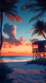 Coastal stilt cabin under volumetric sunset sky gradients.