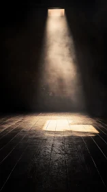 Soft sunbeam through a quiet window brightens dark room.