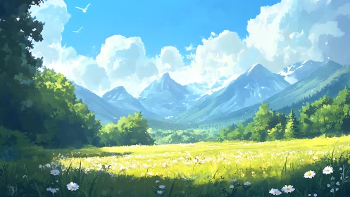 Sunlit wildflower meadow opens toward distant blue mountains