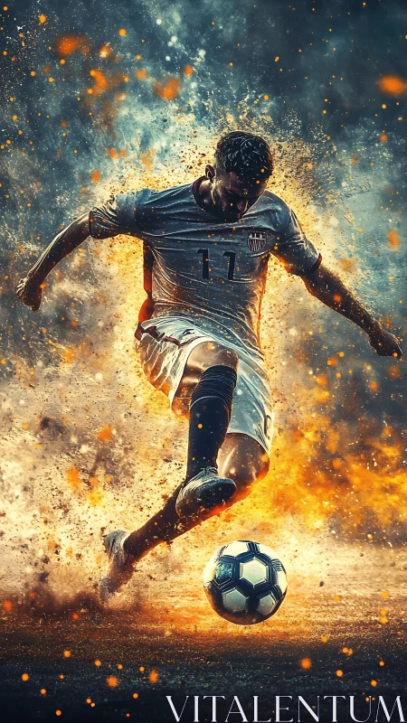 Fiery soccer striker charges forward in an explosive kick