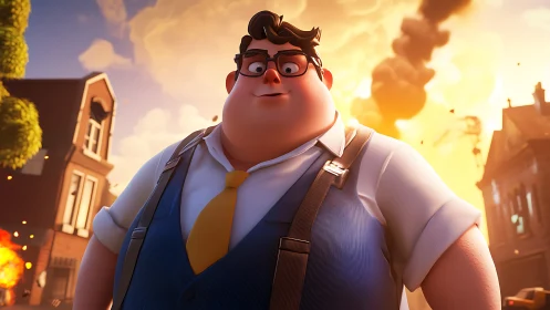 Cartoon office worker in suspenders against high-contrast explosion