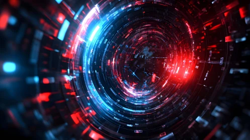 Futuristic Digital Tunnel With Neon Red and Blue Lights, Sci-Fi Art.