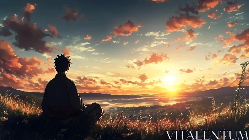 Sunset quiet moment with a lone wanderer on a hilltop.