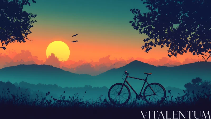 Bicycle on hillside terrain at sunset in landscape composition.