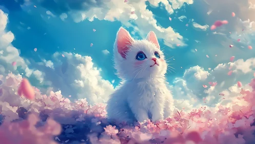 White Feline Subject with Luminous Eyes Against Cumulus Cloud Formation