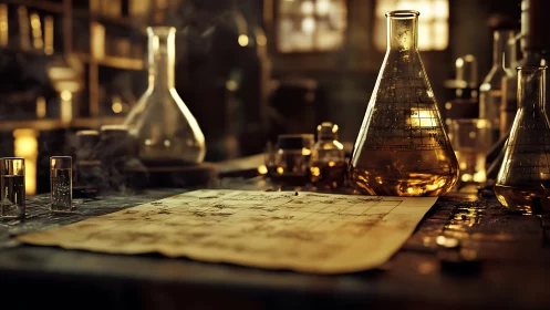 Amber-lit alchemy lab where glass flasks guard secret formulas.
