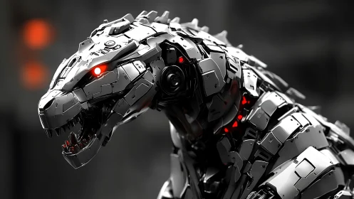 Chrome-plated mech dragon leans forward with molten red glare