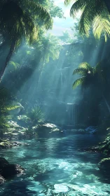 Sunlit jungle pool where emerald leaves hush the world.
