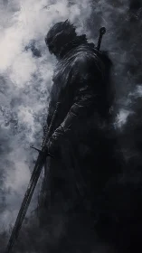 Armored knight silhouette emerges from volumetric smoke field
