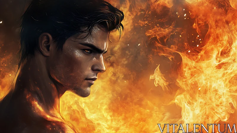 Fiery male portrait in dynamic orange inferno lighting.