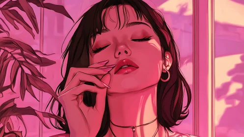 Digital portrait of woman in pink-toned indoor setting.