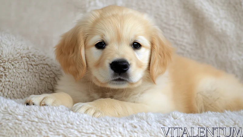 Golden retriever puppy rests calmly on soft beige blanket