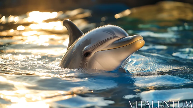 Backlit bottlenose dolphin emerging through specular rippled water