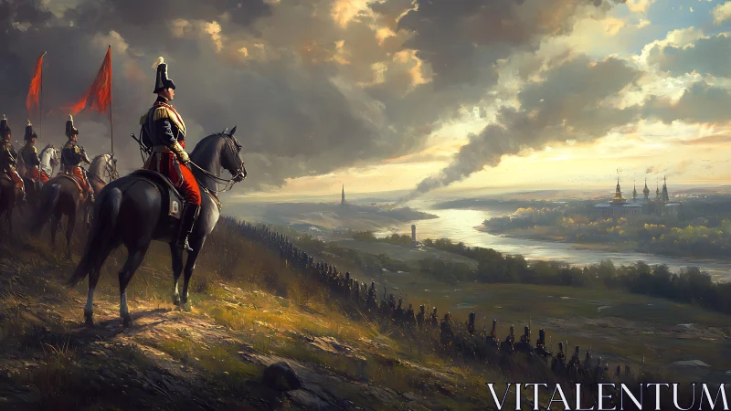 Cavalry officer observing distant city across riverfront.