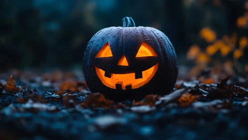Rain-kissed jack-o-lantern grinning through blue dusk glow.