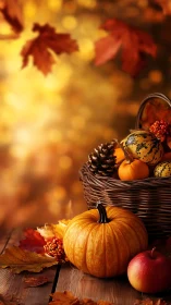 Cozy autumn harvest still life with pumpkins and leaves.