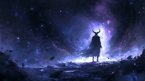 Horned wanderer stalks a violet storm between worlds.