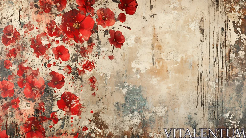 Red poppy blossoms overlay textured, distressed beige wall ground