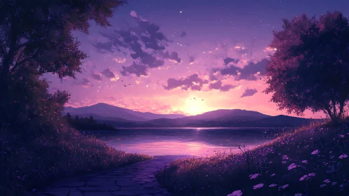 Twilight sun descends over tranquil lake and distant hills