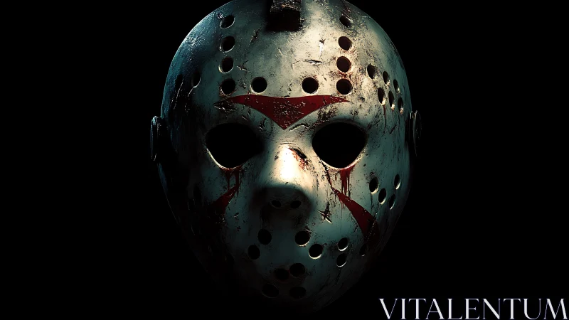 Perforated bloodstained goalie mask under raking cinematic light.