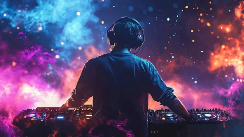 DJ commands neon-lit stage with vibrant mixing energy.
