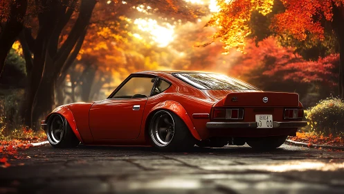 Modified red sports coupe parked on autumn forest road.