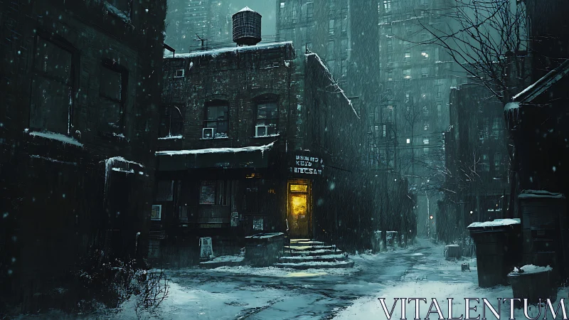 Snowbound city alley glows around one stubborn golden door.