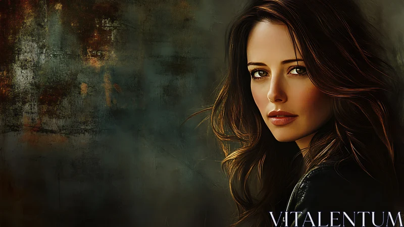 Digital portrait of woman against textured dark backdrop.