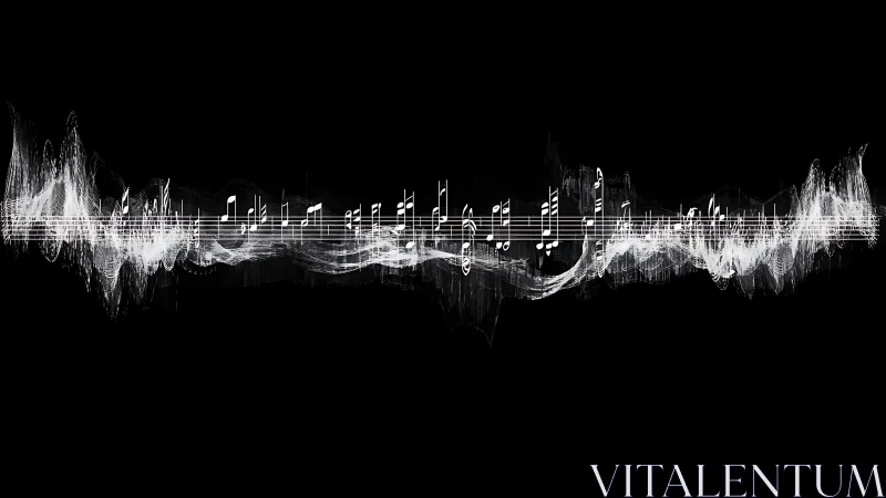 Music notes flow through abstract white sound waves on black.