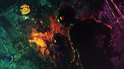 Anthropomorphic figures in dark neon urban environment.